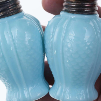 c1890 Fish Form Blue Milk glass salt and pepper set - Estate Fresh Austin