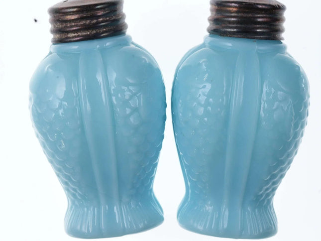 c1890 Fish Form Blue Milk glass salt and pepper set - Estate Fresh Austin