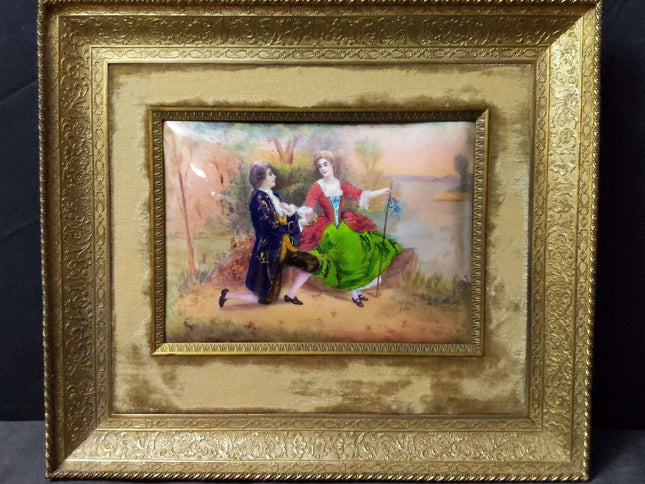 c1890 French Enamel On Copper Plaque with Courting Scene - Estate Fresh Austin