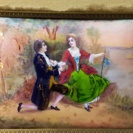 c1890 French Enamel On Copper Plaque with Courting Scene - Estate Fresh Austin