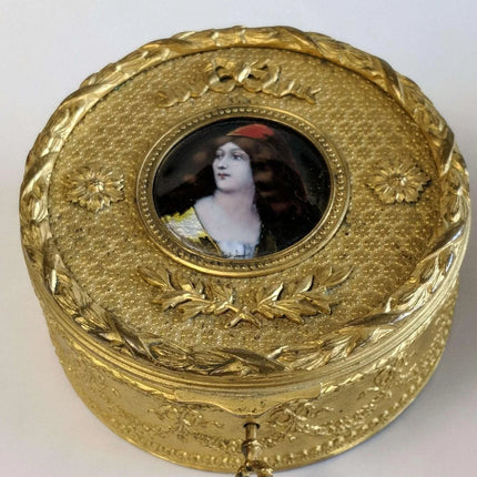 c1890 French Gilt Bronze Mounted French Enamel Portrait Plaque Jewelry Box - Estate Fresh Austin