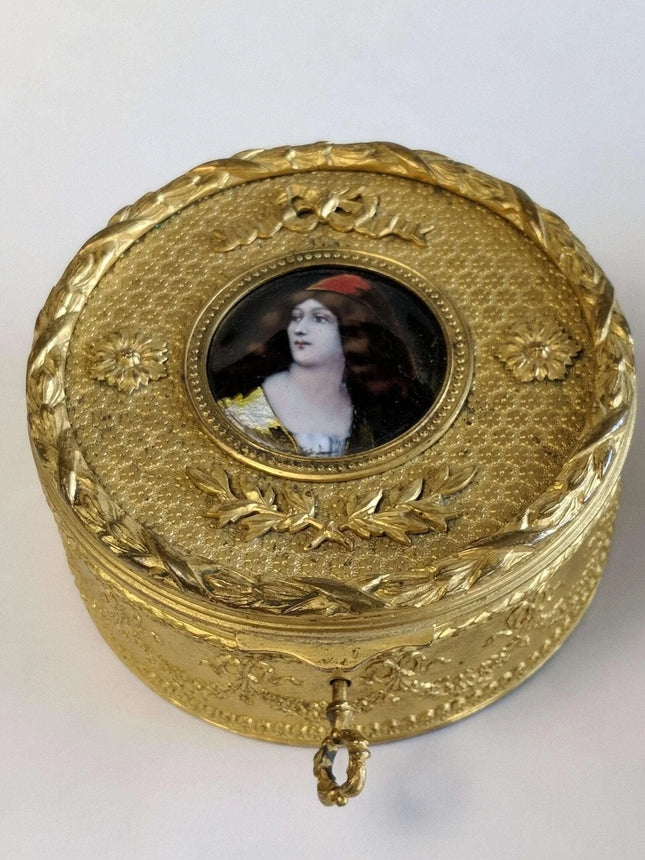 c1890 French Gilt Bronze Mounted French Enamel Portrait Plaque Jewelry Box - Estate Fresh Austin