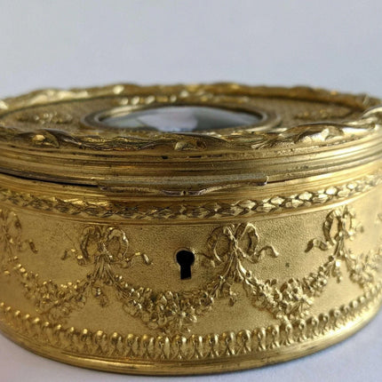 c1890 French Gilt Bronze Mounted French Enamel Portrait Plaque Jewelry Box - Estate Fresh Austin