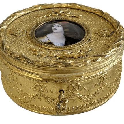 c1890 French Gilt Bronze Mounted French Enamel Portrait Plaque Jewelry Box - Estate Fresh Austin