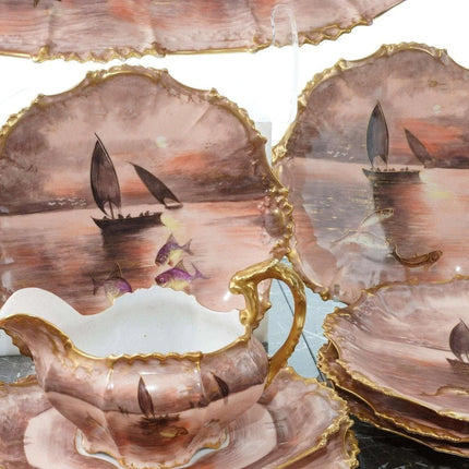 c1890 French Hand Painted Limoges Fish Set - Estate Fresh Austin