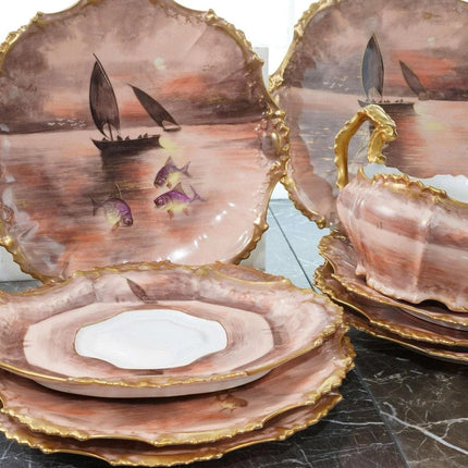 c1890 French Hand Painted Limoges Fish Set - Estate Fresh Austin