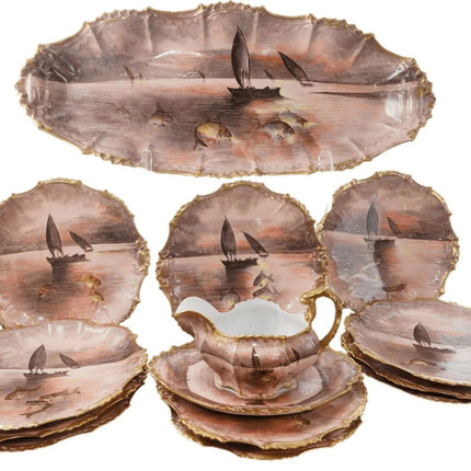 c1890 French Hand Painted Limoges Fish Set - Estate Fresh Austin