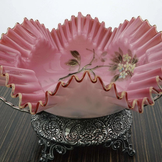 c1890 Hand Painted Cased Cranberry Brides basket with Crested Rim in Ornate Repo - Estate Fresh Austin