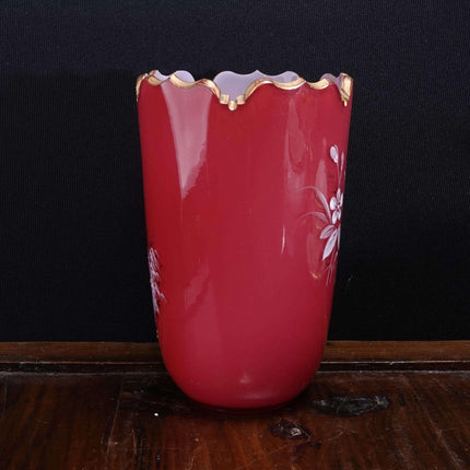 c1890 Harrach Bohemian Hand Painted Cased Cranberry glass Vase - Estate Fresh Austin