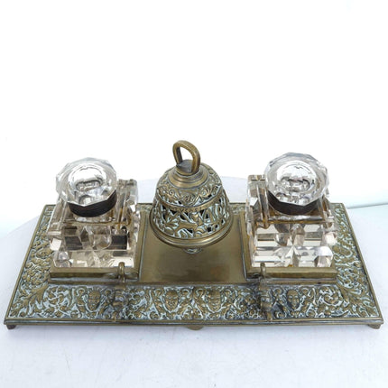 c1890 Hotel Inkwell with Bell Pen rest, and two large crystal inkwells. - Estate Fresh Austin