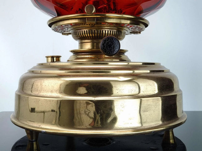 c1890 Huge Cranberry Optic Brass based Table Oil Lamp - Estate Fresh Austin