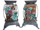 c1890 Majolica Vases with Silver plate Mounts - Estate Fresh Austin