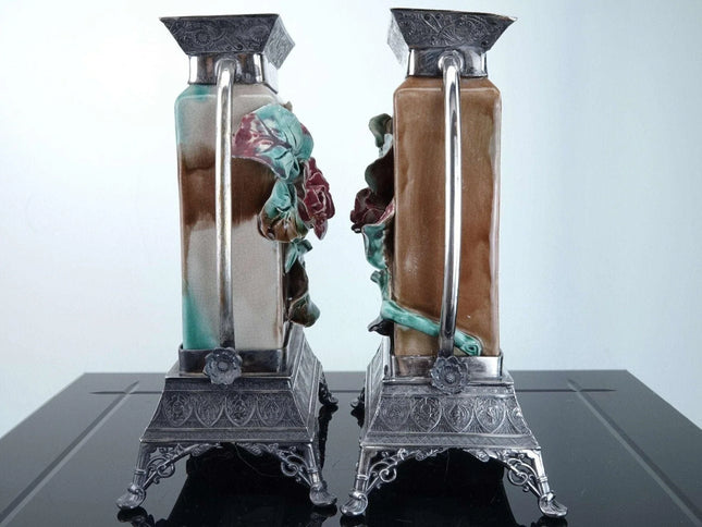 c1890 Majolica Vases with Silver plate Mounts - Estate Fresh Austin