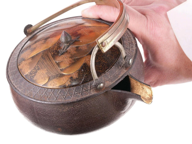 c1890 Meiji Japanese choshi Sake pot with Lacquer lid bronze handle - Estate Fresh Austin