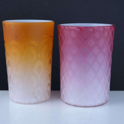 c1890 Mother of Pearl glass tumblers Apricot Peacock Eye and Pink Diamond Quilte - Estate Fresh Austin