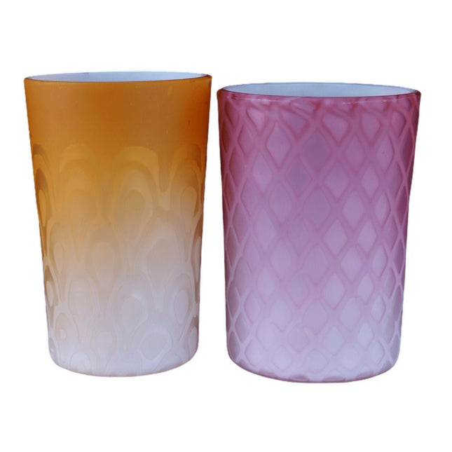 c1890 Mother of Pearl glass tumblers Apricot Peacock Eye and Pink Diamond Quilte - Estate Fresh Austin