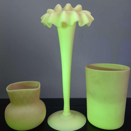 c1890 Mt Washington Burmese Jack in the Pulpit vase, Tumbler, and diamond optic - Estate Fresh Austin