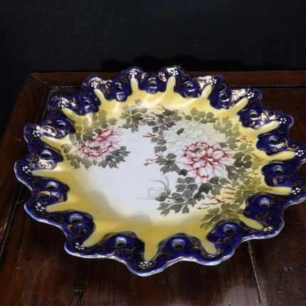 c1890 Nippon Hand Painted Serving Plate with Reticulated gold gilt Cobalt Blue R - Estate Fresh Austin