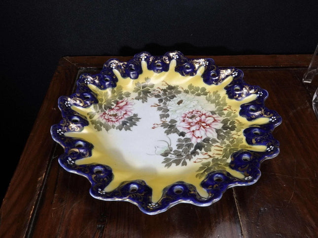 c1890 Nippon Hand Painted Serving Plate with Reticulated gold gilt Cobalt Blue R - Estate Fresh Austin