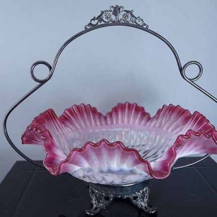 c1890 Northwood Cranberry Opalescent Poinsettia Brides Basket/Bowl - Estate Fresh Austin