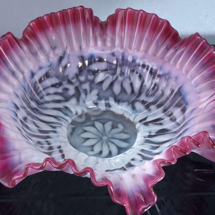 c1890 Northwood Cranberry Opalescent Poinsettia Brides Basket/Bowl - Estate Fresh Austin