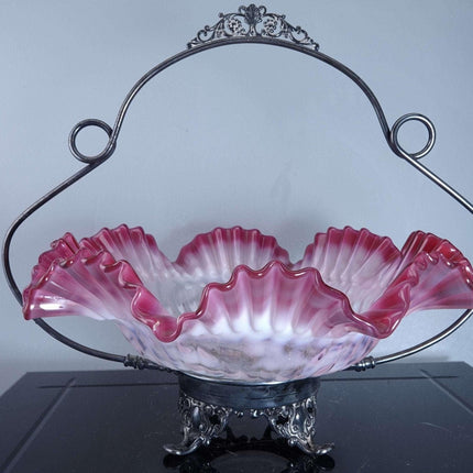 c1890 Northwood Cranberry Opalescent Poinsettia Brides Basket/Bowl - Estate Fresh Austin