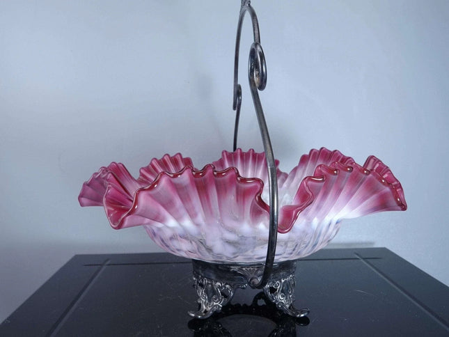 c1890 Northwood Cranberry Opalescent Poinsettia Brides Basket/Bowl - Estate Fresh Austin
