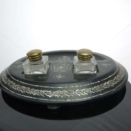 c1890 Papier Mache with Mother of pearl Inlay Double Inkwell with Pen rest - Estate Fresh Austin