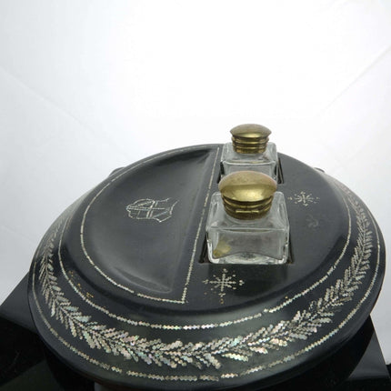 c1890 Papier Mache with Mother of pearl Inlay Double Inkwell with Pen rest - Estate Fresh Austin