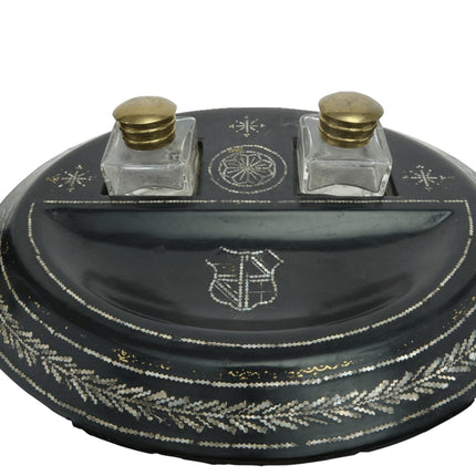 c1890 Papier Mache with Mother of pearl Inlay Double Inkwell with Pen rest - Estate Fresh Austin