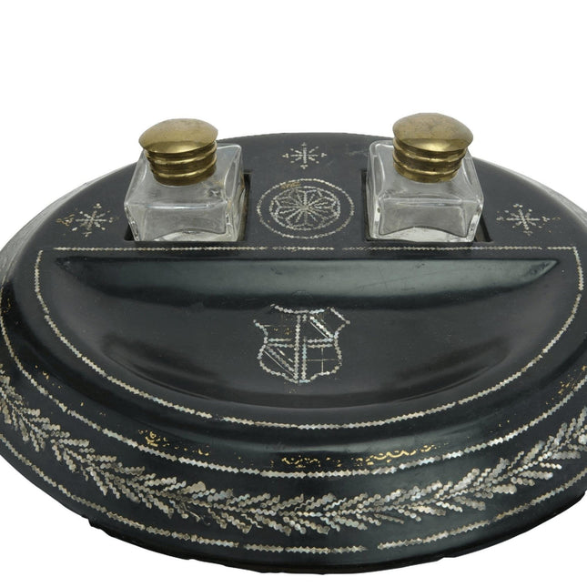 c1890 Papier Mache with Mother of pearl Inlay Double Inkwell with Pen rest - Estate Fresh Austin