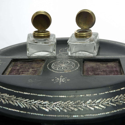 c1890 Papier Mache with Mother of pearl Inlay Double Inkwell with Pen rest - Estate Fresh Austin