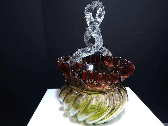 c1890 Rubina verde Twisted Thorn Handled Art Glass Basket - Estate Fresh Austin