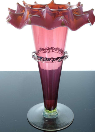 c1890 Rubina Verde Vaseline/Cranberry Opalescent vase - Estate Fresh Austin