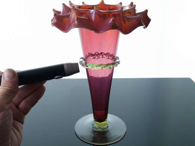 c1890 Rubina Verde Vaseline/Cranberry Opalescent vase - Estate Fresh Austin