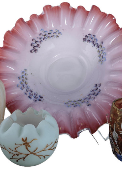 c1890 Victorian Art Glass Collection, Rainbow blown mold vase, Brides bowl, Uran - Estate Fresh Austin