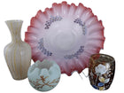 c1890 Victorian Art Glass Collection, Rainbow blown mold vase, Brides bowl, Uran - Estate Fresh Austin