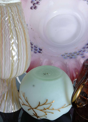 c1890 Victorian Art Glass Collection, Rainbow blown mold vase, Brides bowl, Uran - Estate Fresh Austin