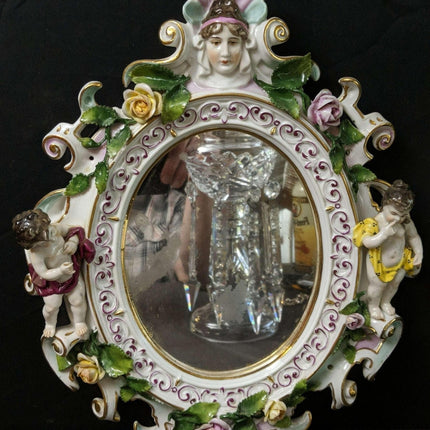 c1890 Volkstedt Porcelain Wall Mirror with Putti/Roses - Estate Fresh Austin