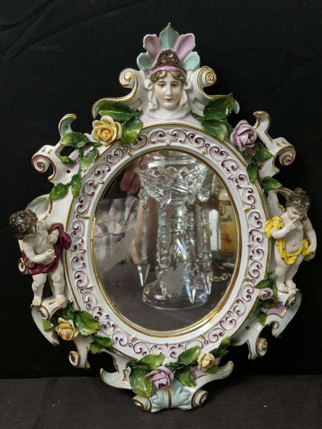 c1890 Volkstedt Porcelain Wall Mirror with Putti/Roses - Estate Fresh Austin