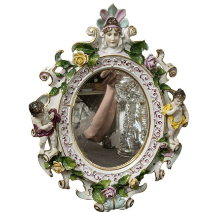 c1890 Volkstedt Porcelain Wall Mirror with Putti/Roses - Estate Fresh Austin