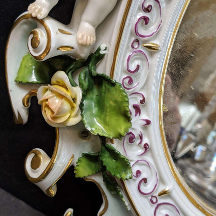 c1890 Volkstedt Porcelain Wall Mirror with Putti/Roses - Estate Fresh Austin