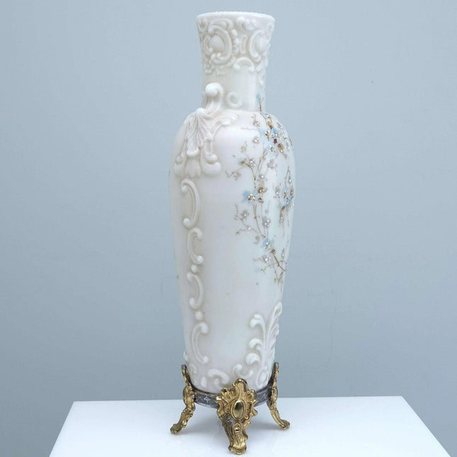 c1890 Wavecrest CF Monroe Hand painted American Art Glass Vase with Ormula Feet - Estate Fresh Austin