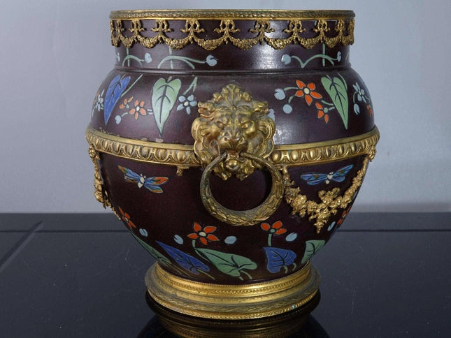 c1893 Wedgwood Chocolate Basalt Kenlock Ware Bronze Mounted Cachepot in the Art - Estate Fresh Austin