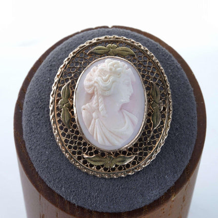 c1900 10k gold Reticulated mounted Pink Conch shell cameo brooch pin - Estate Fresh Austin