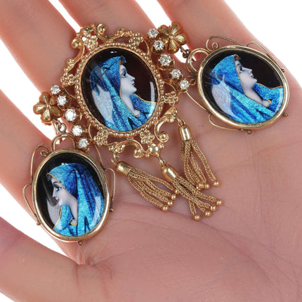 c1900 14k Gold Diamond Mounted French Enamel Portrait Brooch/Screw Back Earrings pin - Estate Fresh Austin