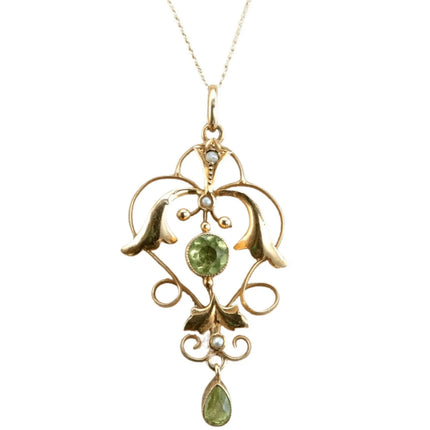 c1900 9ct Gold Edwardian Natural Pearl/Peridot Lavaliere Pendant on 14K gold nec - Estate Fresh Austin