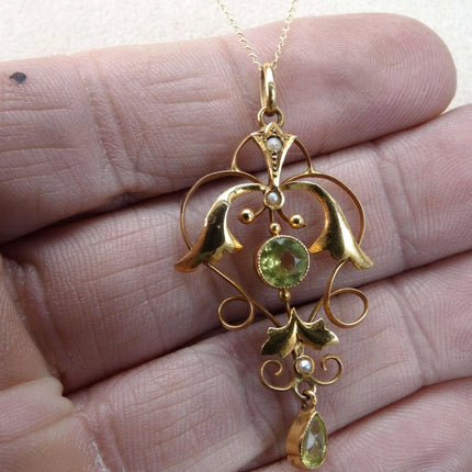 c1900 9ct Gold Edwardian Natural Pearl/Peridot Lavaliere Pendant on 14K gold nec - Estate Fresh Austin