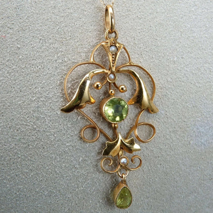 c1900 9ct Gold Edwardian Natural Pearl/Peridot Lavaliere Pendant on 14K gold nec - Estate Fresh Austin