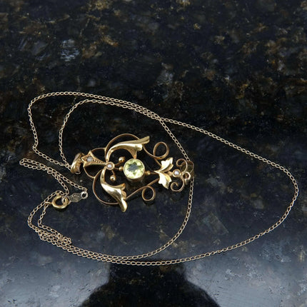 c1900 9ct Gold Edwardian Natural Pearl/Peridot Lavaliere Pendant on 14K gold nec - Estate Fresh Austin